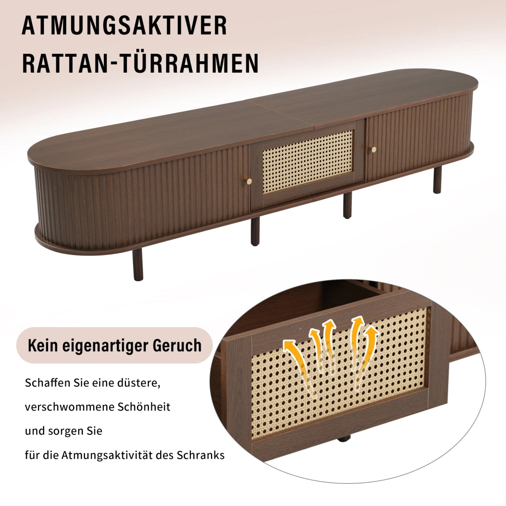 MOBILE TV Ovale 180x40x40 cm in MDF Noce Scuro con dettagli effetto rattan