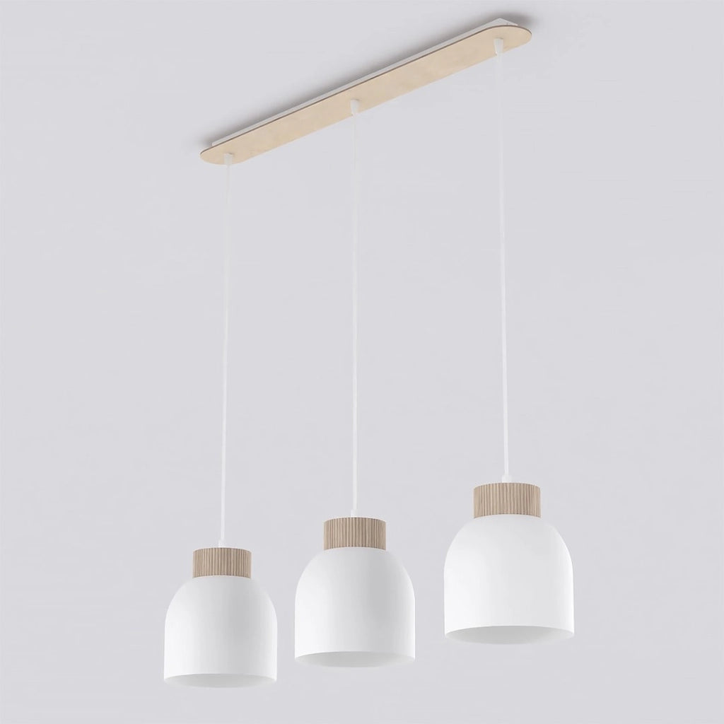 Lampada a sospensione VIGO a tre luci in acciaio bianco e legno
