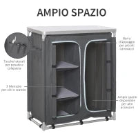 Cucina da Campeggio Doppio Armadietto, 3 Mensole e Sacca di Trasporto, Telaio Alluminio 96Lx49.5Px104cm Grigio
