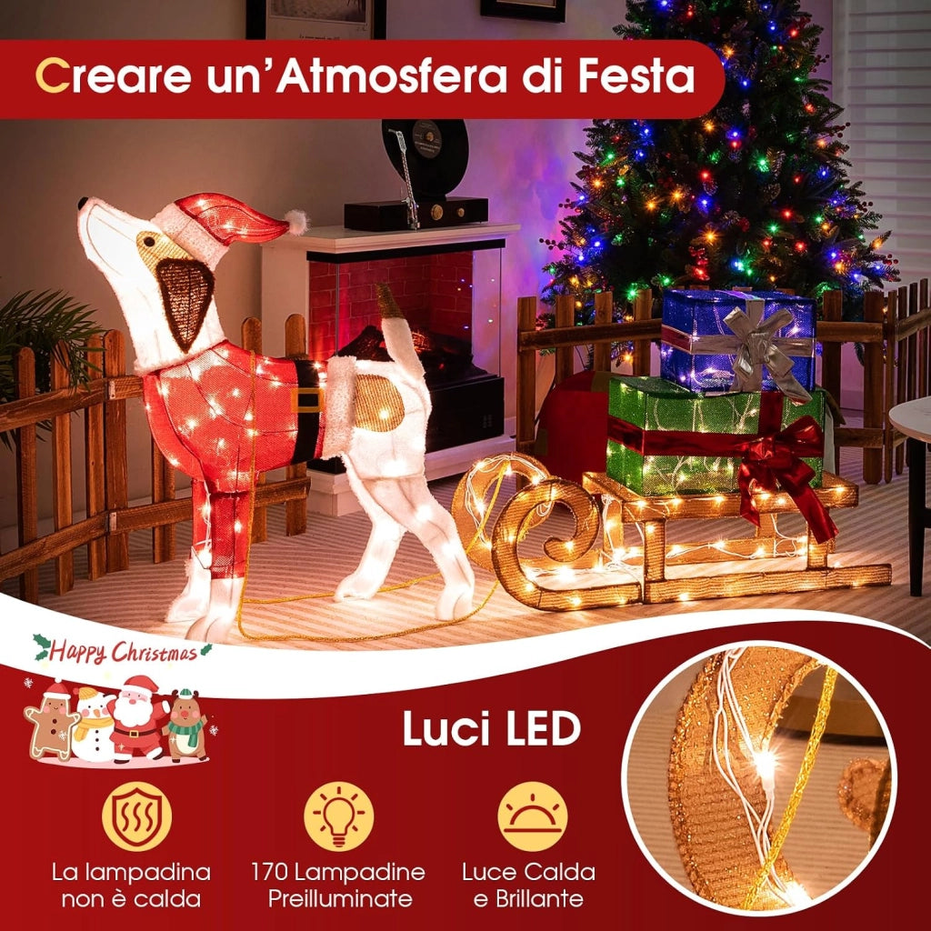 Decorazioni Natalizie Illuminate di Cane e Slitta, Luci Natalizie a Forma di Cane da Esterno Interno, Decorazione Natalizia Festosa con 170 Luci LED per Giardino e il Cortile