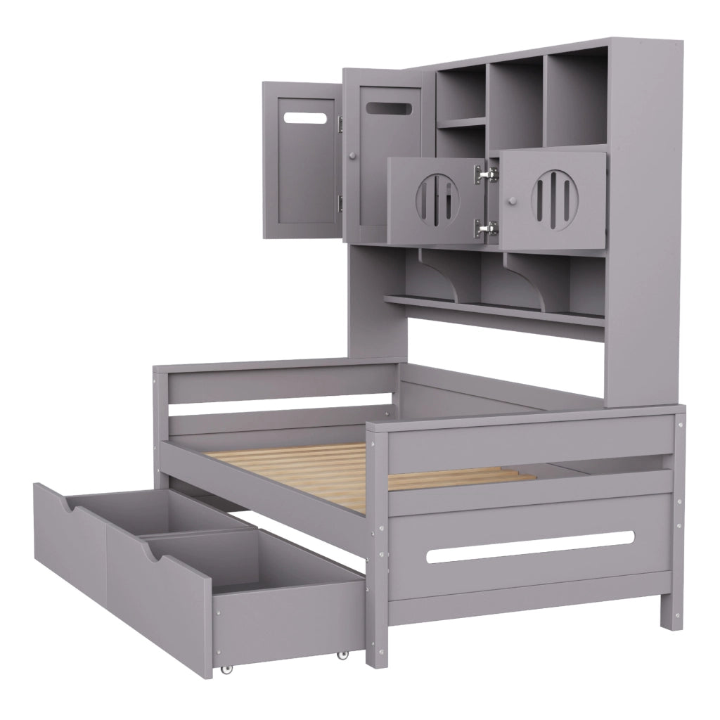 Letto multifunzione 90x200 cm con 2 cassetti e vano contenitore; grigio