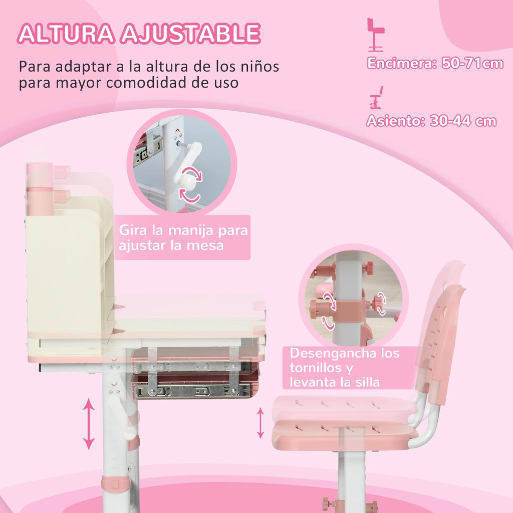 Scrivania per Bambini con Sedia ¨C zephmum ¨C 80x52x88-109 cm Rosa