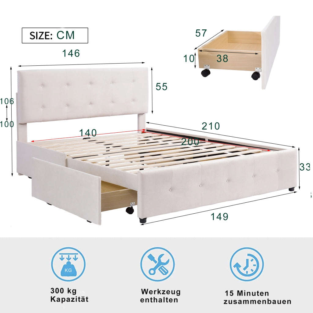 Letto con Cassetti 140x200 cm; Letto Matrimoniale; 4 Cassetti in Velluto Beige