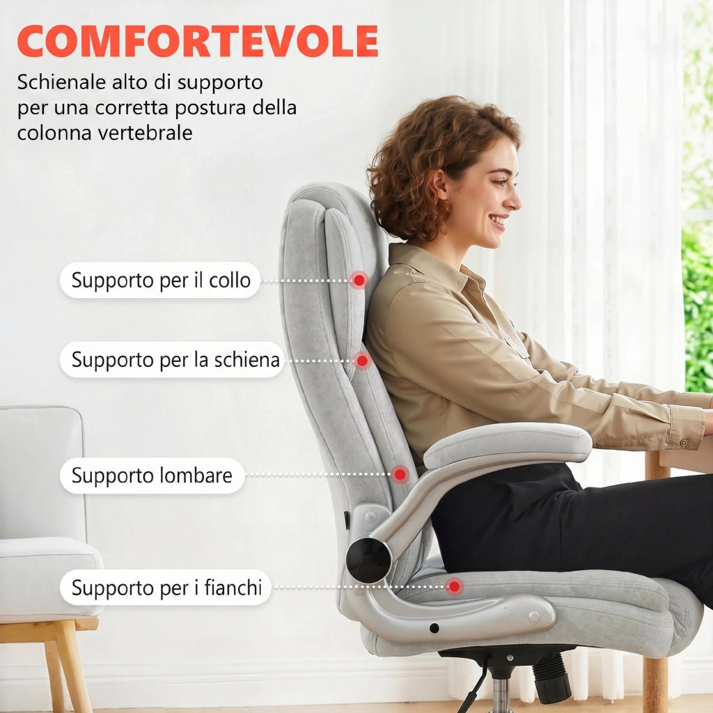 Sedia Ergonomica, Schienale Alto Velluto Stampato, Braccioli Ribaltabili, Bianco Crema