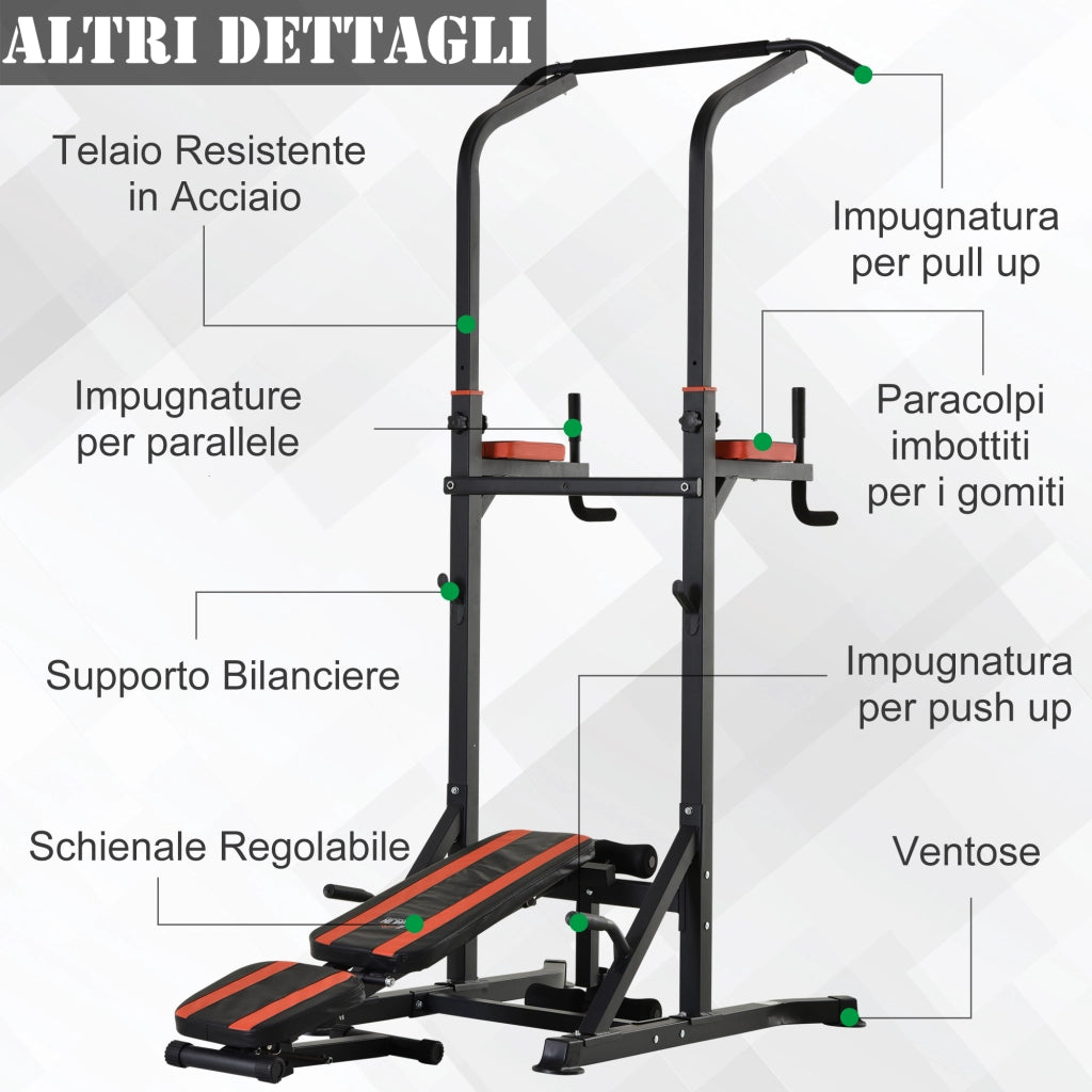 EasyComfort Power Tower Pieghevole, Stazione Fitness Multifunzione Regolabile in 7 Posizioni con Sbarra Trazioni, Dip Station, Pull UP Station e Panca Piana in Acciaio, per Home Gym Casa, Portata 150kg