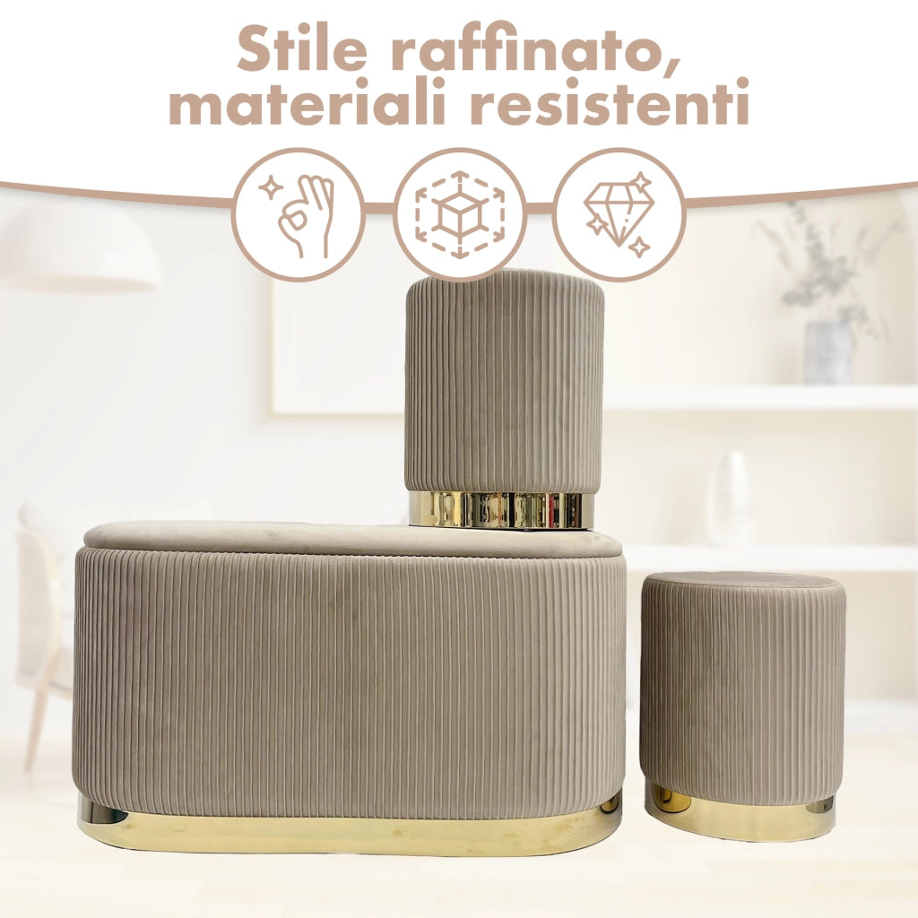 Set 3 Pouf in Velluto – Panca Contenitore Grande Con Cuscino 42x80 cm + 2 Pouf Piccoli 29x35 cm, Design Moderno Elegante, Poggiapiedi e Seduta Aggiuntiva Tortora