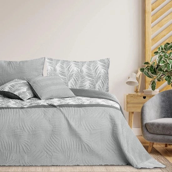 Coperta, 260 x 280 cm, doppia faccia, facile da pulire, cucito, disegno floreale, grigio/bianco.