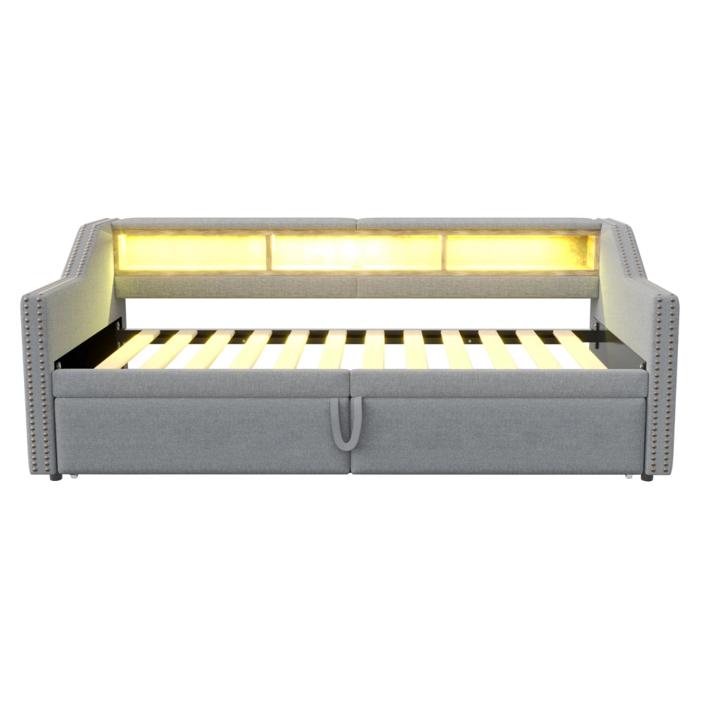 Divano letto imbottito estraibile 90/180 x 200 cm con LED; USB e contenitore; grigio chiaro