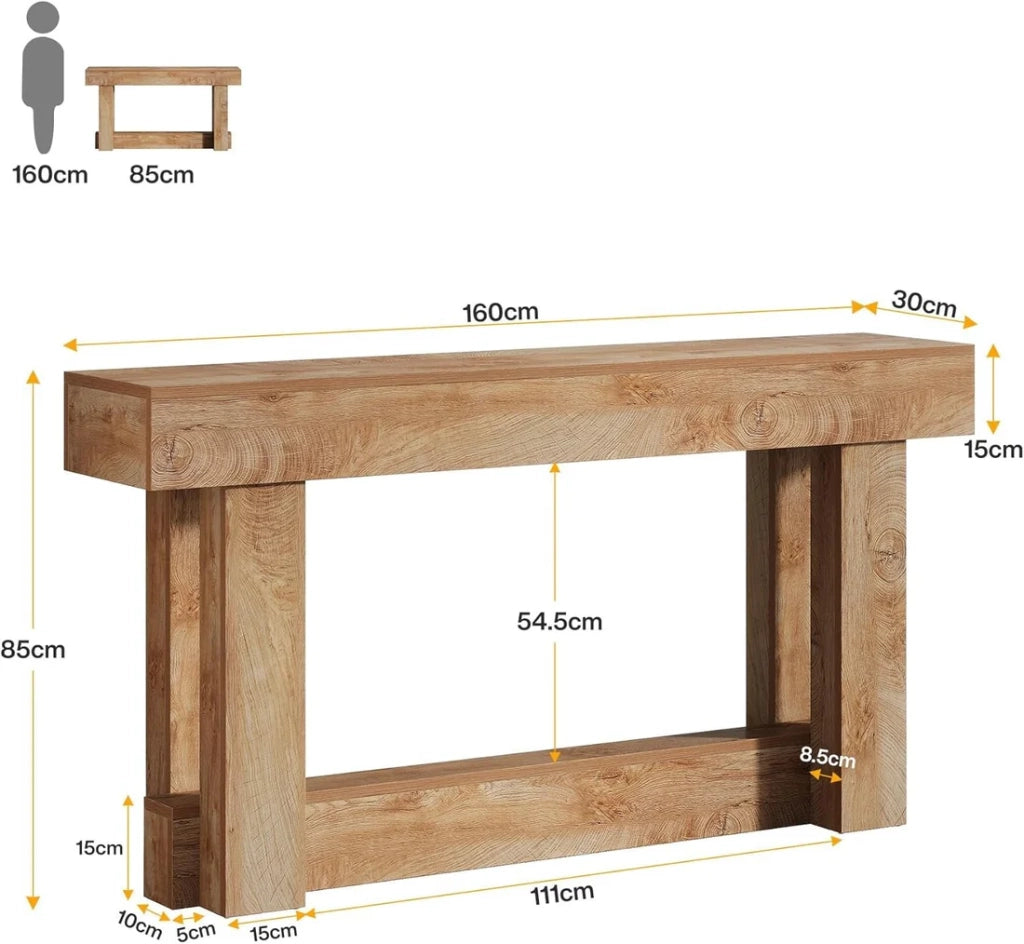 Consolle con base a U e ripiano inferiore, stile vintage, per ingresso e soggiorno, in legno, marrone, 160 × 30 cm