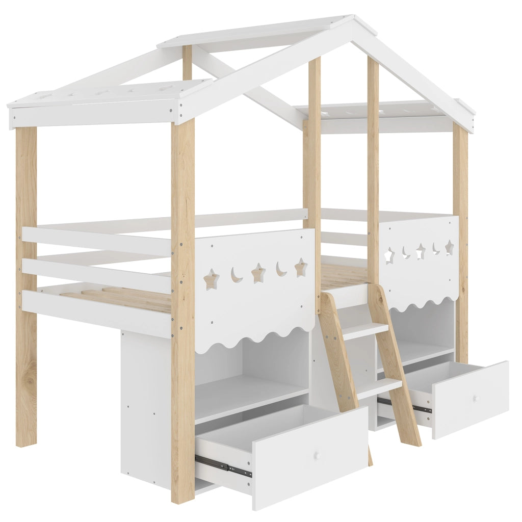 Letto alto a forma di casa bianco e naturale in pino con funzione LED e 2 cassetti 90x200 cm