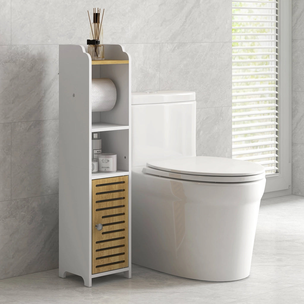 Mobile Bagno con Portarotolo e Ripiani ¨C Zephmum ¨C 18x20x90 cm Bianco e Rovere