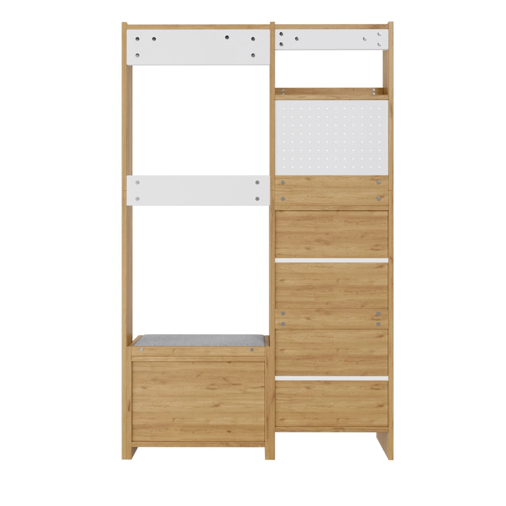Mobile da ingresso con scarpiera, panca e vani aperti, 1 cassetto, in truciolato bianco e rovere 108.5 × 35 × 180 cm