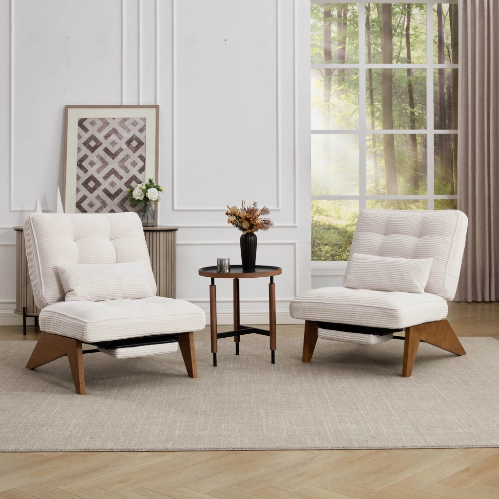 Poltrona relax reclinabile in corduroy beige con cuscino lombare e gambe in legno massello