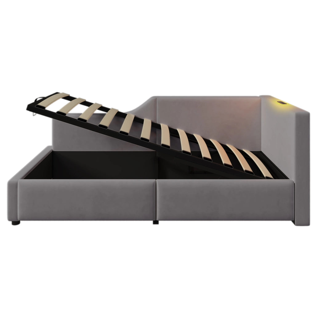 Letto contenitore imbottito 90x190 cm in velluto grigio con USB-C e lampada da lettura