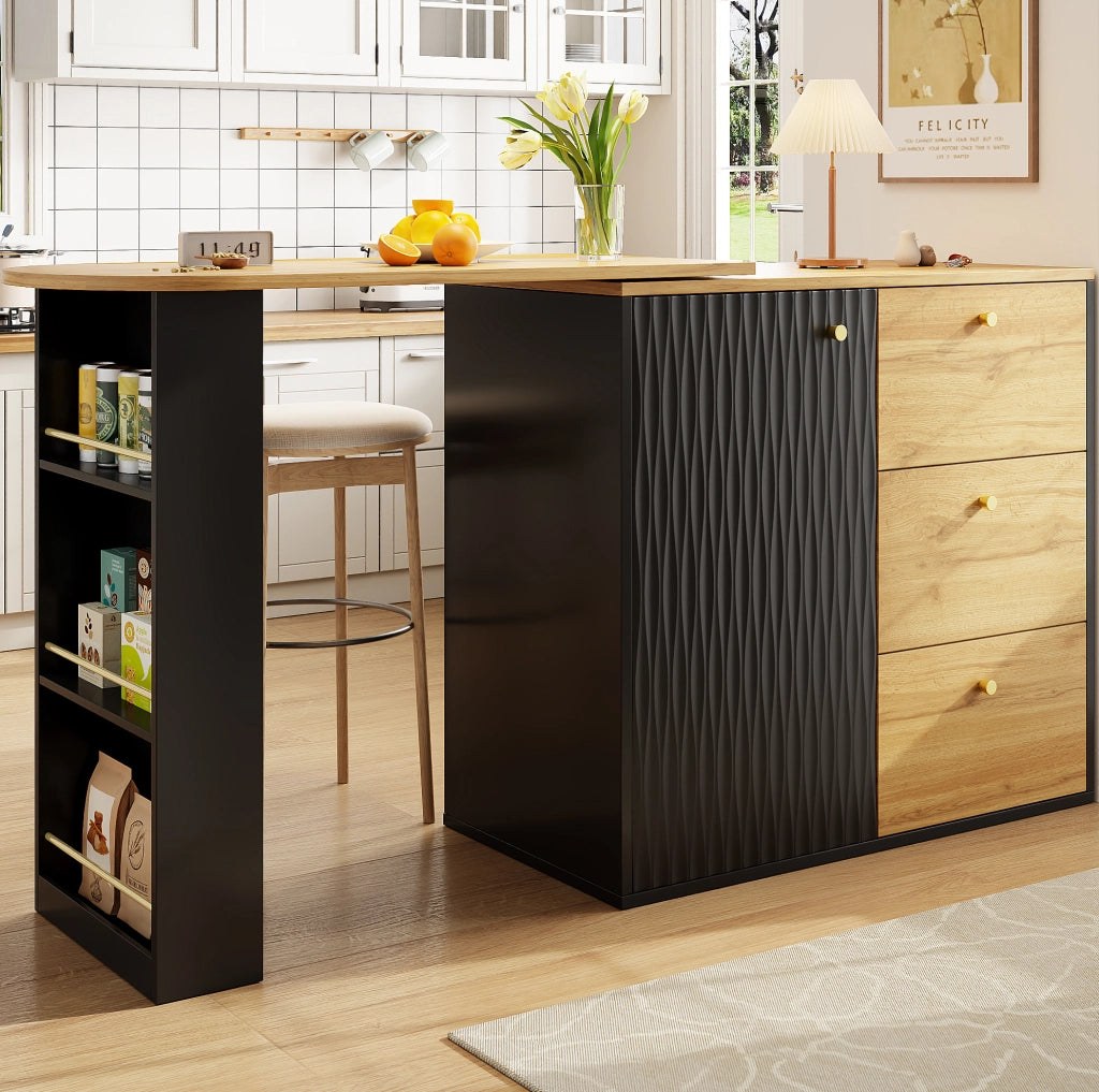 Tavolo bar 138-204x39x104 cm girevole e allungabile con ampio spazio contenitivo in MDF nero