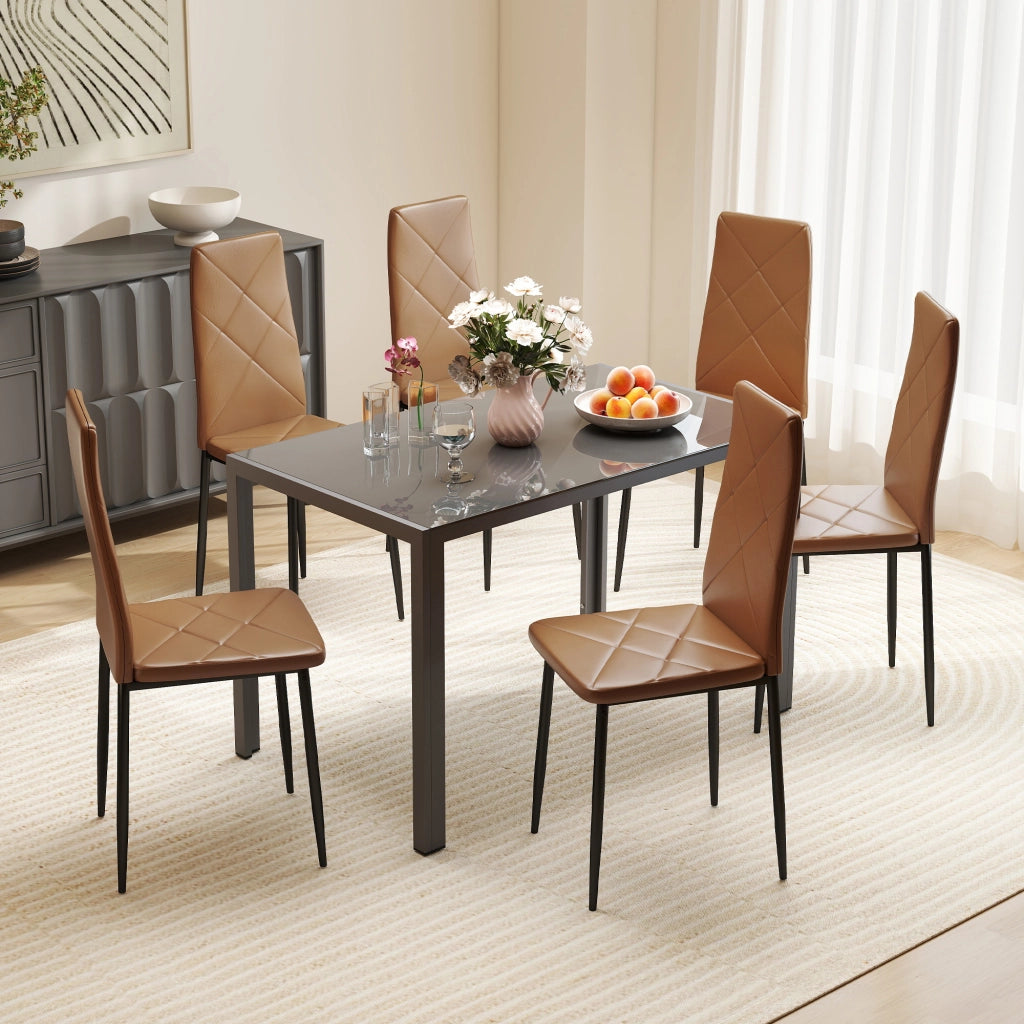 Set di 6 Sedie da Pranzo Moderne con Schienale Alto in Finta Pelle e Acciaio, 41x50x97 cm, Marrone