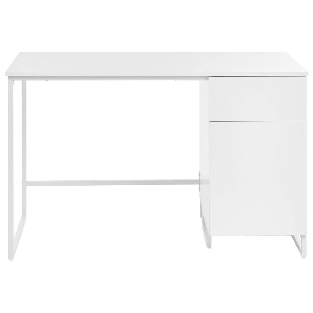 Scrivania da ufficio per casa in MDF bianco chiaro, 120 x 60 cm, struttura in acciaio con cassetto e vano chiuso, design moderno e minimalista