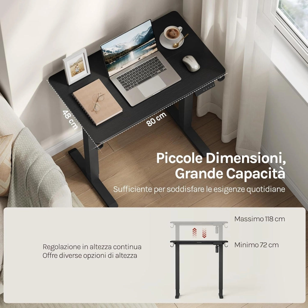 Scrivania Elettrica Regolabile in Altezza 72-118 cm, con 3 Memorie e 2 Ganci – Nero, Silenziosa, Capacità di Carico 80 kg – per Ufficio, Casa, Gaming e Studio, 80x48 cm