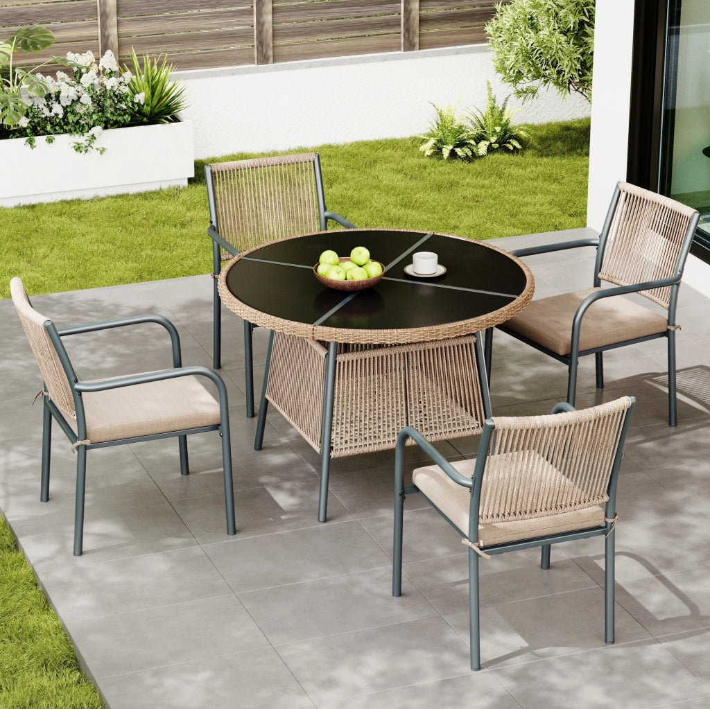 Set da giardino da pranzo 5 pezzi per 4 persone con tavolo in vetro temperato e cuscini; grigio e naturale