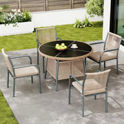 Set da giardino da pranzo 5 pezzi per 4 persone con tavolo in vetro temperato e cuscini; grigio e naturale