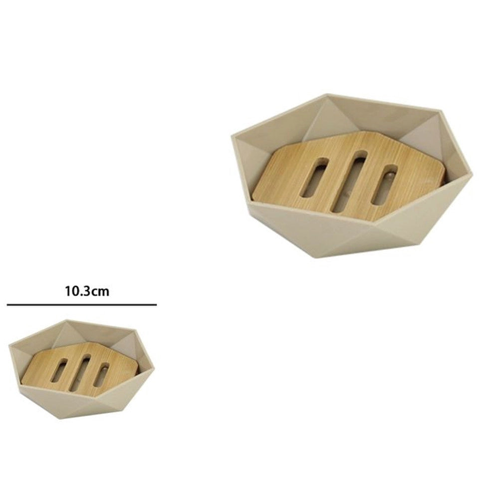 Trade Shop - Piattino Porta Sapone Saponetta Forma Esagonale Geometrico Beige Legno Da Bagno 10843 -