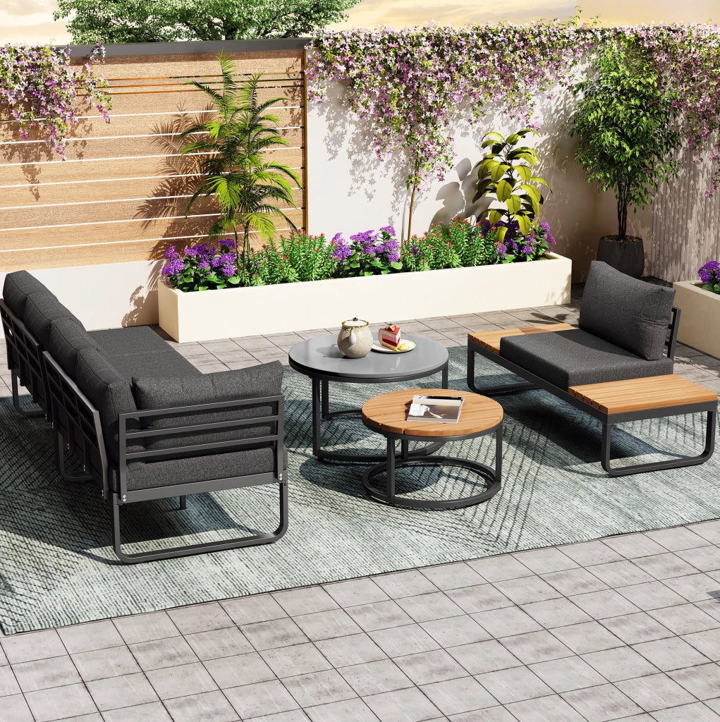 Set da giardino 5 posti con cuscini e 2 tavolini sovrapponibili; ferro zincato grigio