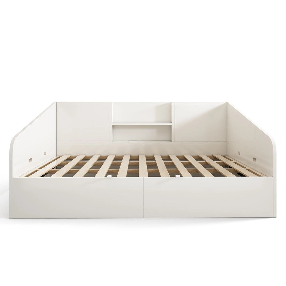 Letto Contenitore Idraulico 140x190 ¨C MINIMAL ¨C Bianco, Legno, con Rete a Doghe, USB