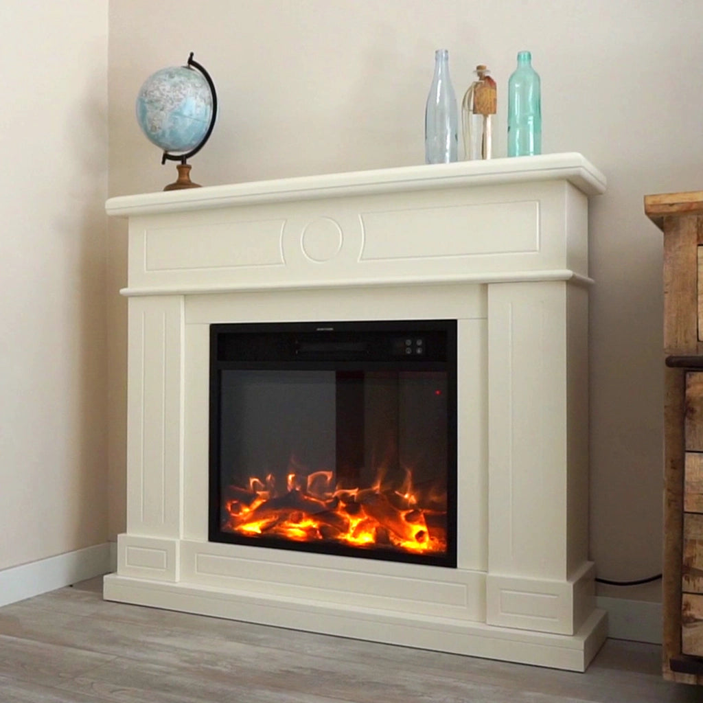 Caminetto Fuego Roberta Blanco 1500w a Parete Con Cornice Telecomando e Bruciatore Bianco Crema