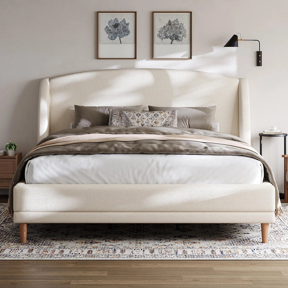 Letto imbottito con testiera a orecchie - Xylo - 140¡Á190 cm - Bianco avorio - Design curvo con rete a doghe solide e piedi in legno di gomma