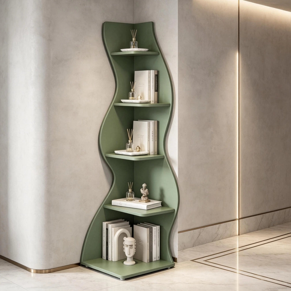 Libreria angolare verde in legno 50x50x182,5 cm, 5 ripiani salvaspazio -