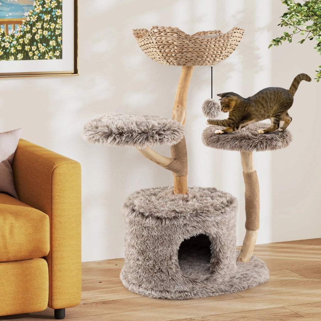 Albero per gatti in legno di pero 105 cm-Torre per gatti con piattaforme e casa pile lungo e pallina pendente Naturale