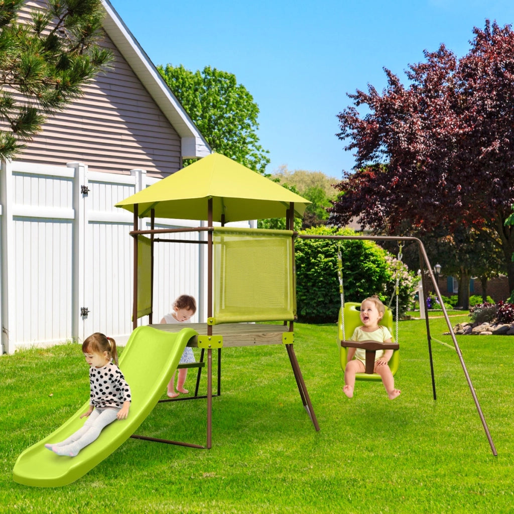 Set di altalene 4-in-1 con seggiolino regolabile in altezza scivolo e scala, Playset per bambini da esterno Verde-Altalene e dondoli
