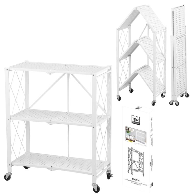 MA MAISON SCAFFALE PIEGHEVOLE 3 RIPIANI IN COLORE BIANCO CON ROTELLE PER SPOSTAMENTO RICHIUDIBILE E RIPONIBILE 72X34X88,5H CM