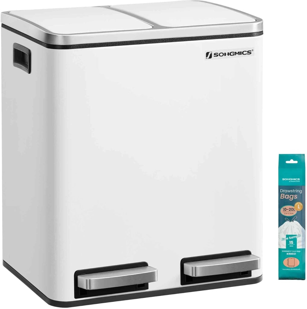 SONGMICS Cestino da Cucina, Doppio Secchio 2 x 15L per Raccolta Differenziata, Pattumiera a Pedale, Coperchi a Chiusura Morbida, Acciaio, Argento Metallizzato e Nero Inchiostro LTB30H