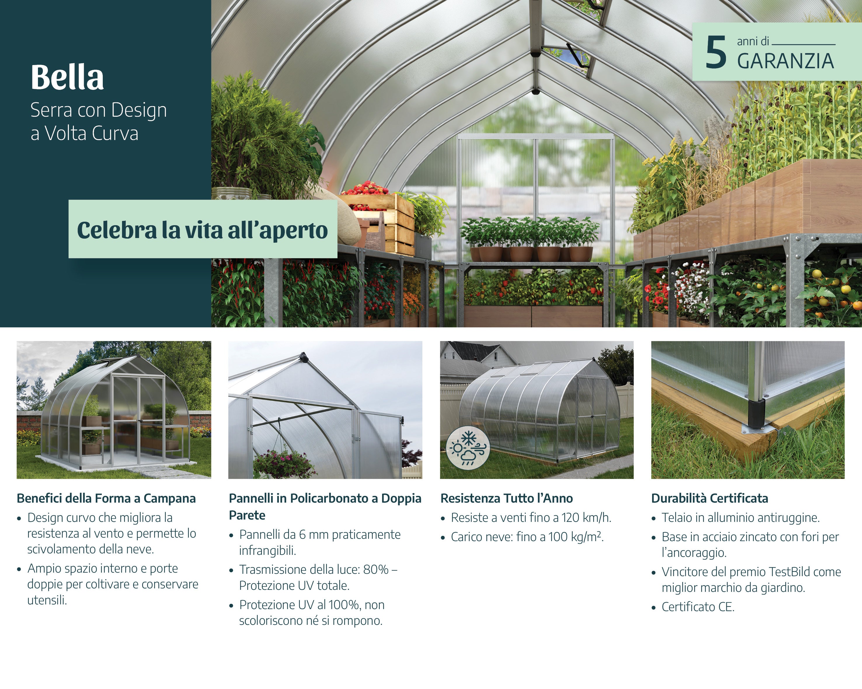 Canopia Bella Doppio Strato Serra Da Giardino in Policarbonato 964X244X219 cm Argento