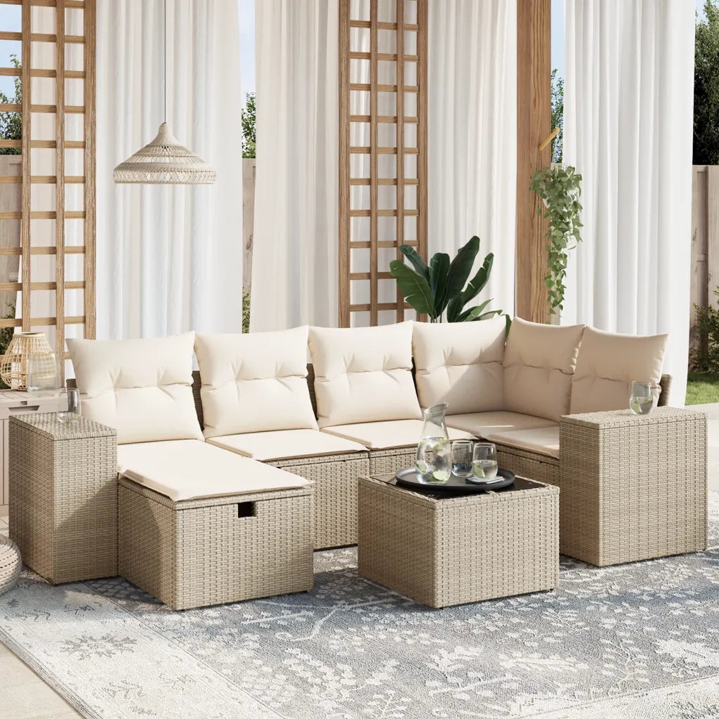 Set Divani da Giardino 7 pz con Cuscini Beige in Polyrattan