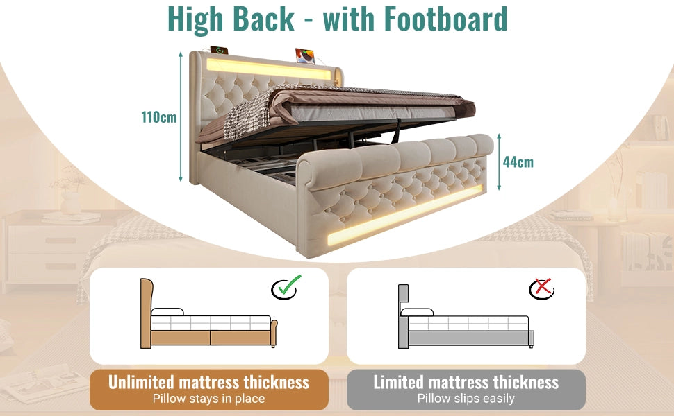 Letto contenitore matrimoniale 140×200 cm con LED; USB e Type-C; vano sollevabile; materasso incluso; velluto; beige