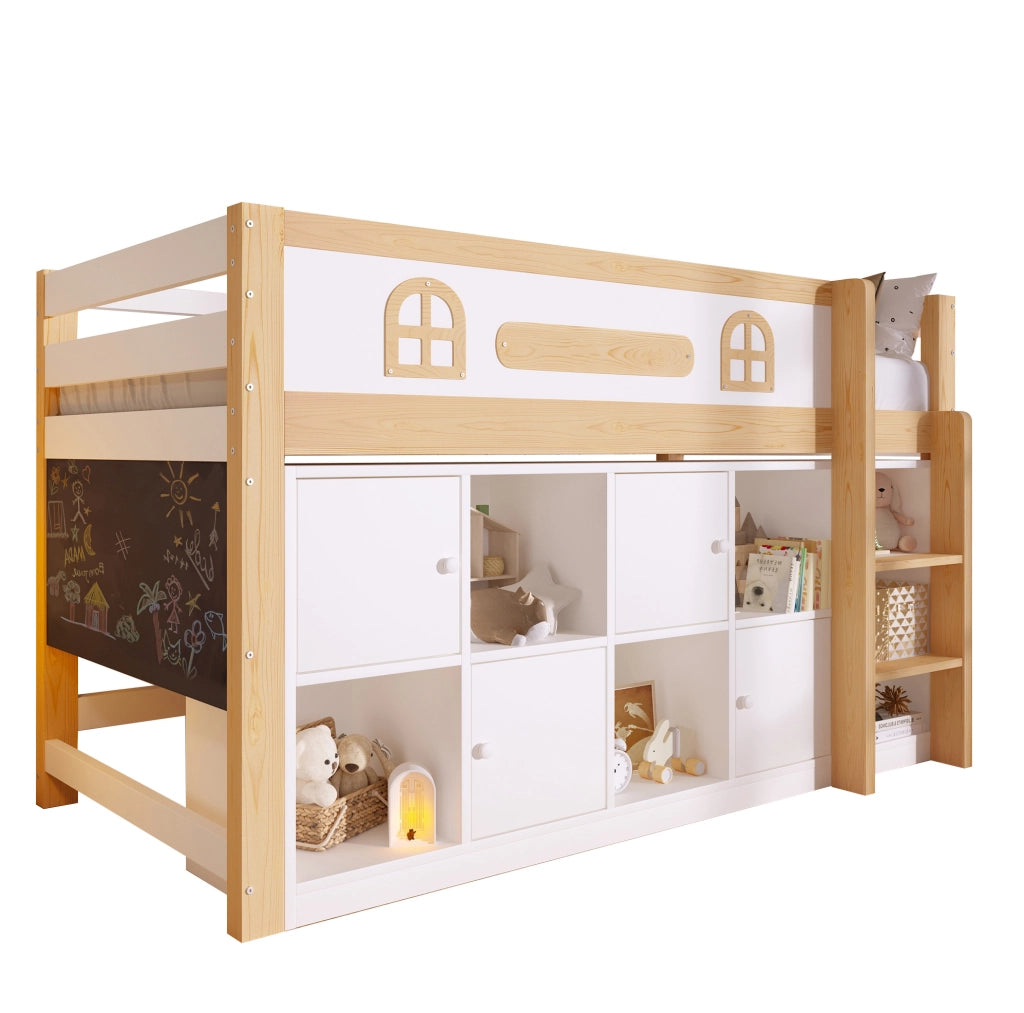Letto a soppalco 205x94.5x120 cm; con lavagna; scomparti e scala; senza materasso; in pino e MDF; bianco naturale