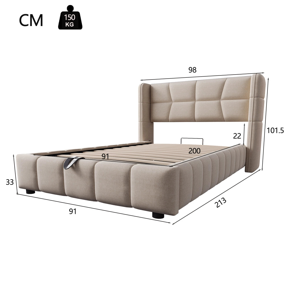 Letto per bambini 90 × 200 cm con contenitore sollevabile, testiera imbottita, senza materasso, beige