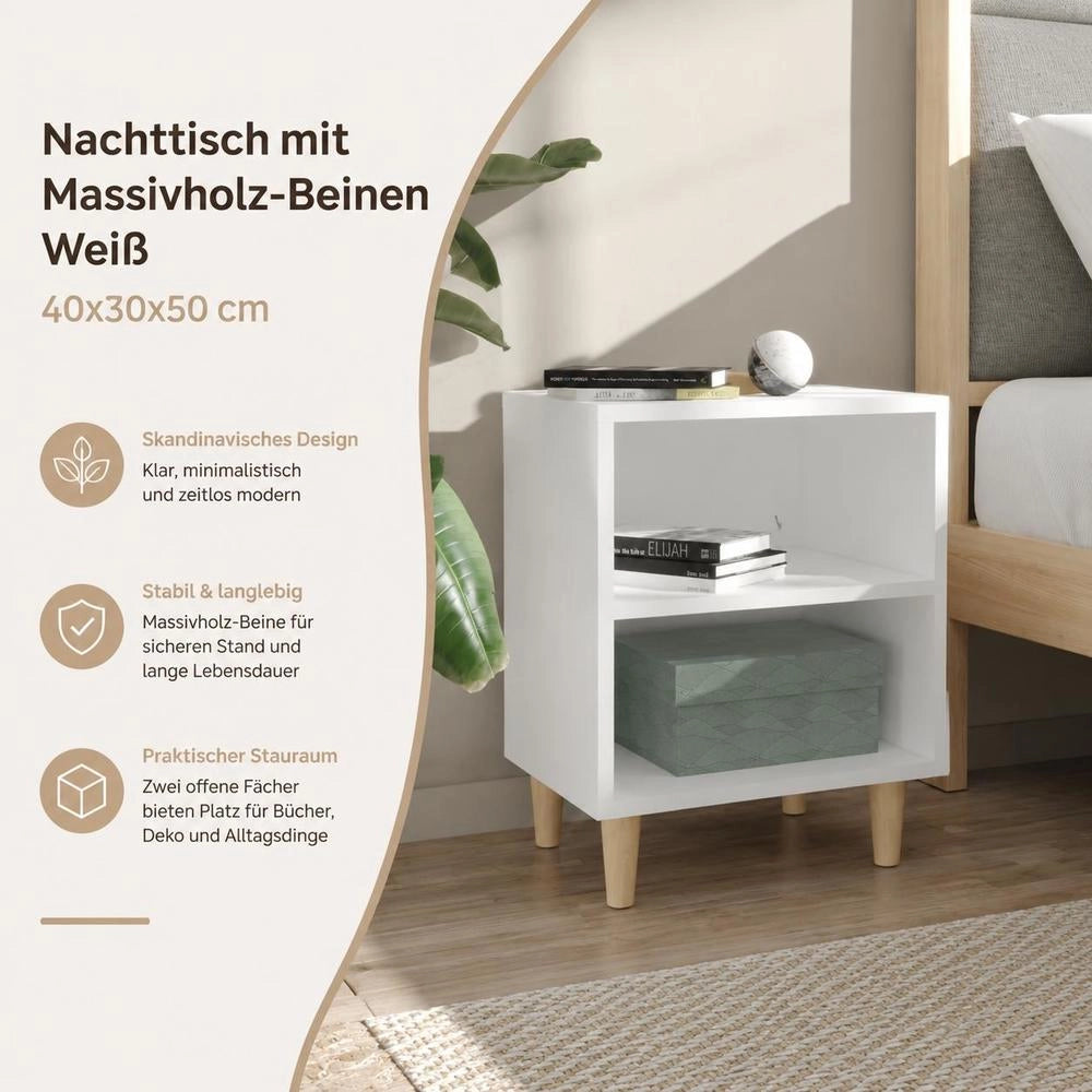 Bedside Table With Solid Wood Legs White 40x30x50 Cm