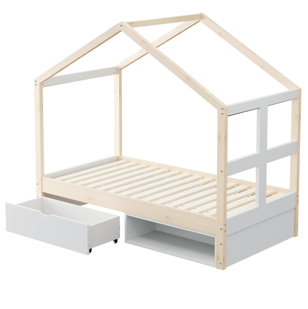 Letto singolo a casetta 90x190 cm in legno naturale con cassetto; scarpiera e LED