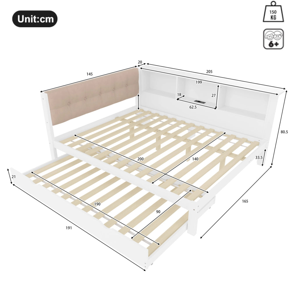 Letto estraibile 140x200 cm con LED; USB e ripiani in legno di pino e MDF bianco