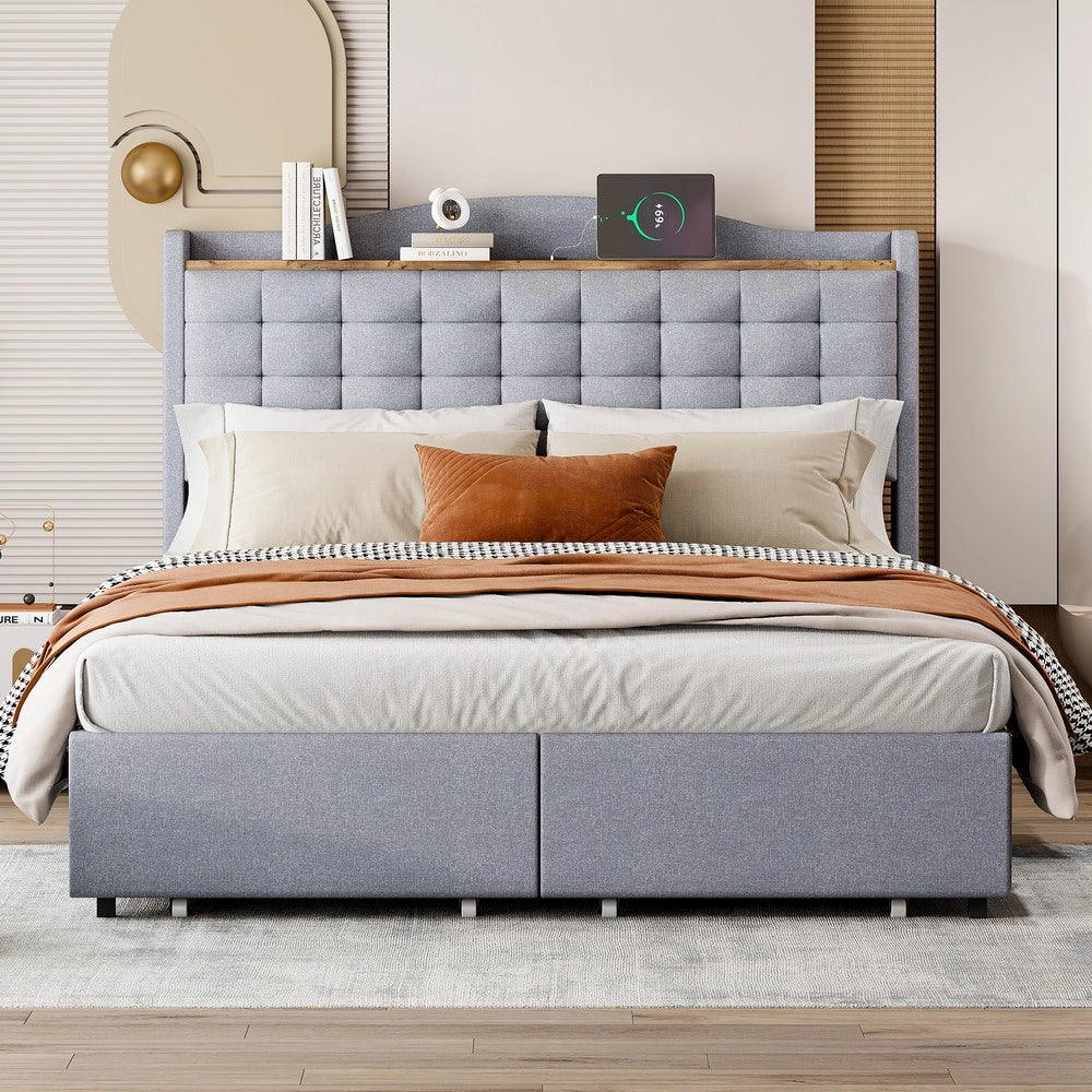 Letto Imbottito Matrimoniale con Cassetti e Comodini ¨C MINIMAL ¨C Tessuto Grigio 140x200