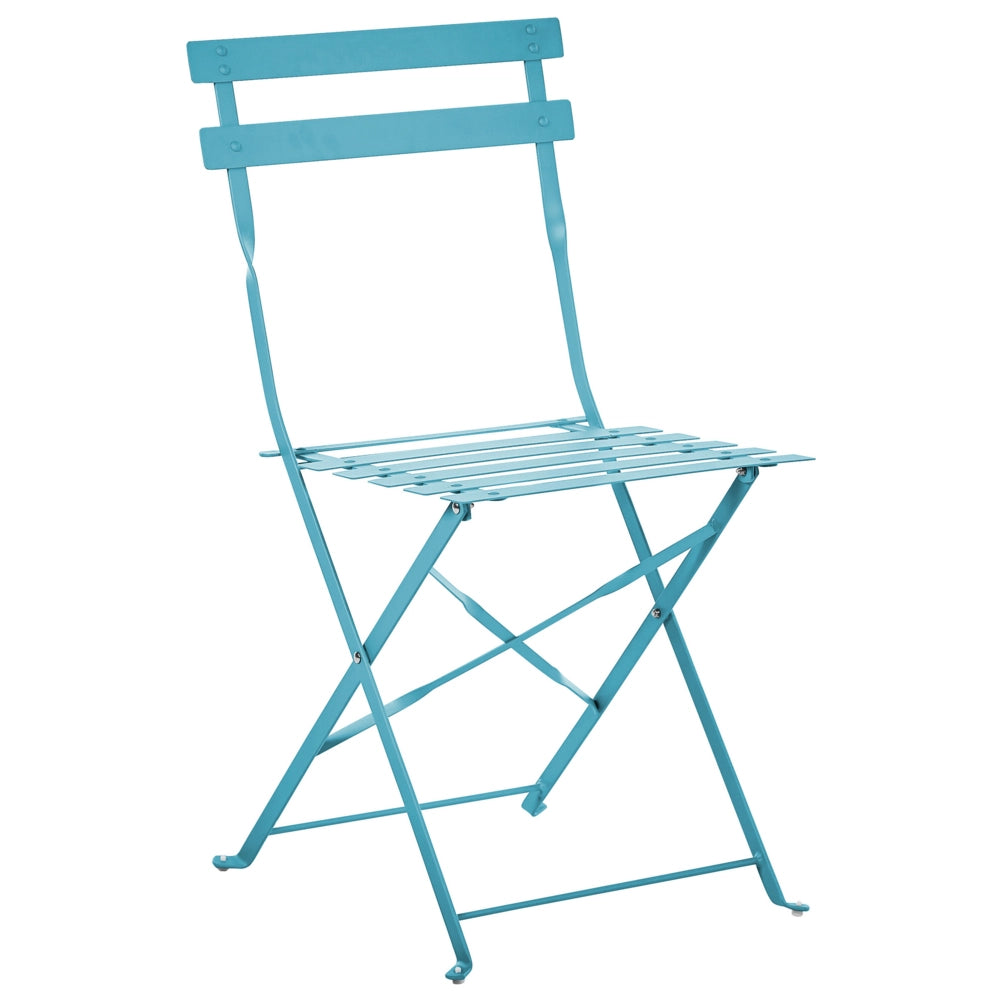 Set da balcone 3 elementi tavolo e sedie rotonde da esterno in acciaio blu pieghevole all'aperto