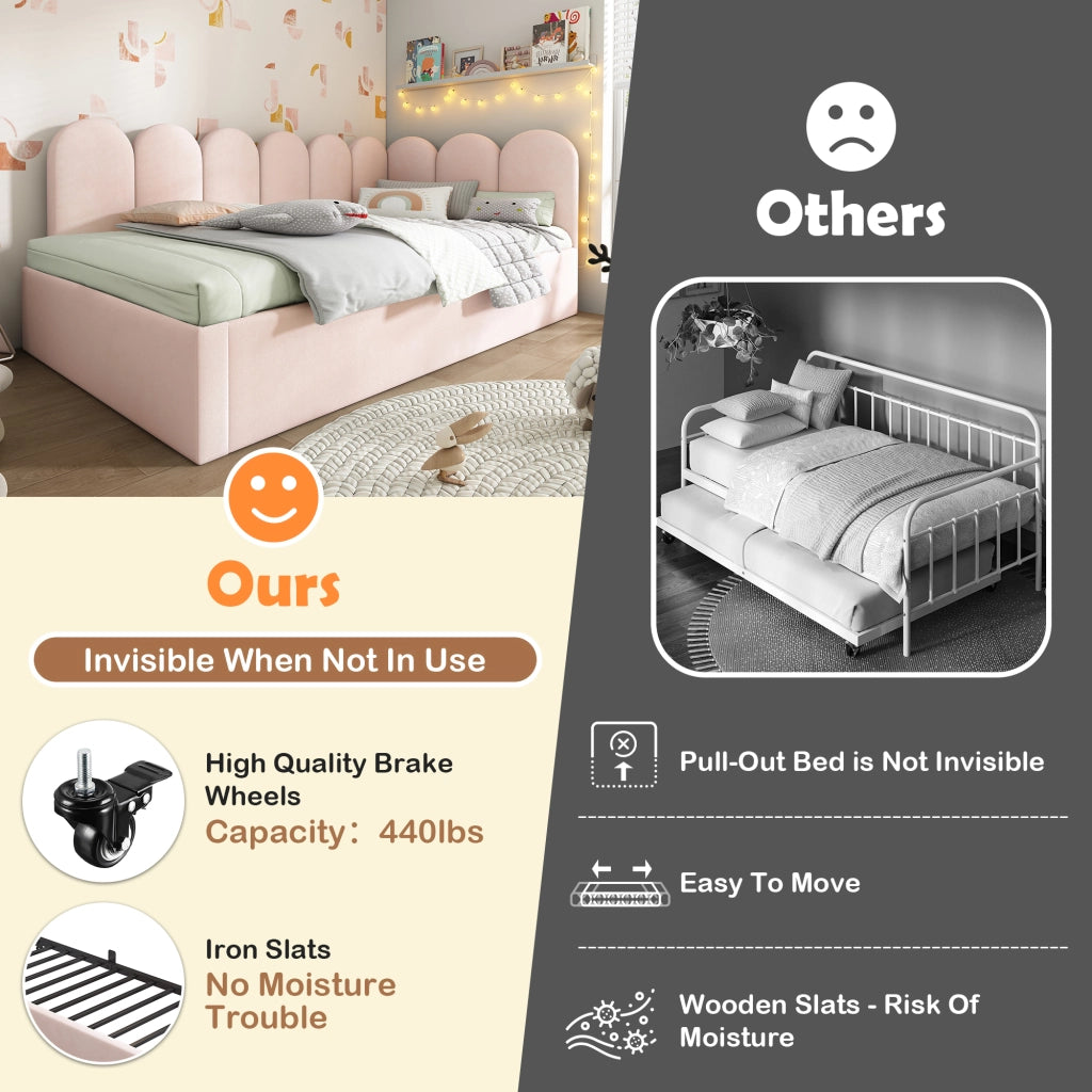 Letto a Divanetto 90x200 cm e 90x190 cm - Estraibile; Imbottito e con Rotelle - Rosa
