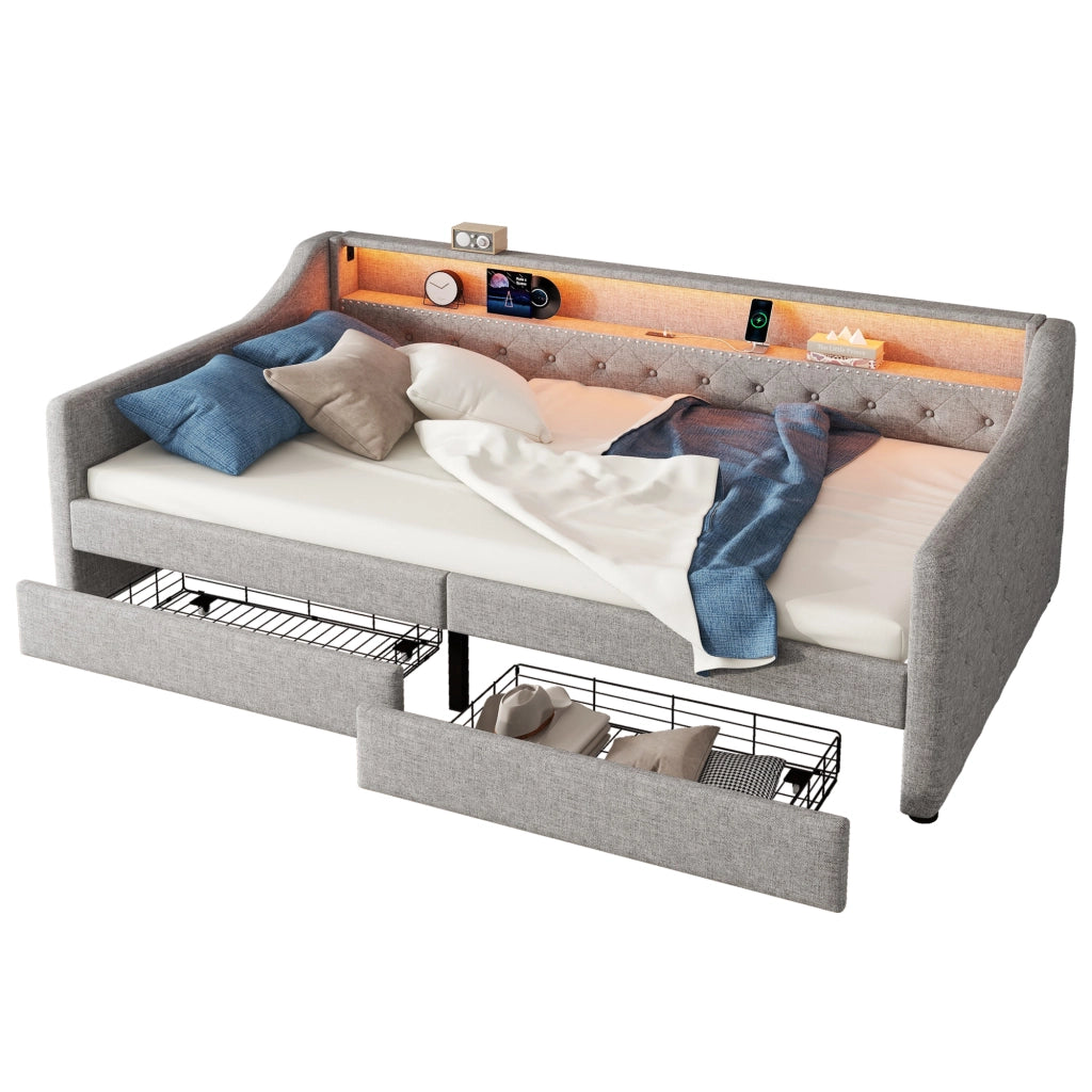 Letto giorno con rete a doghe in lino grigio 90x200 cm