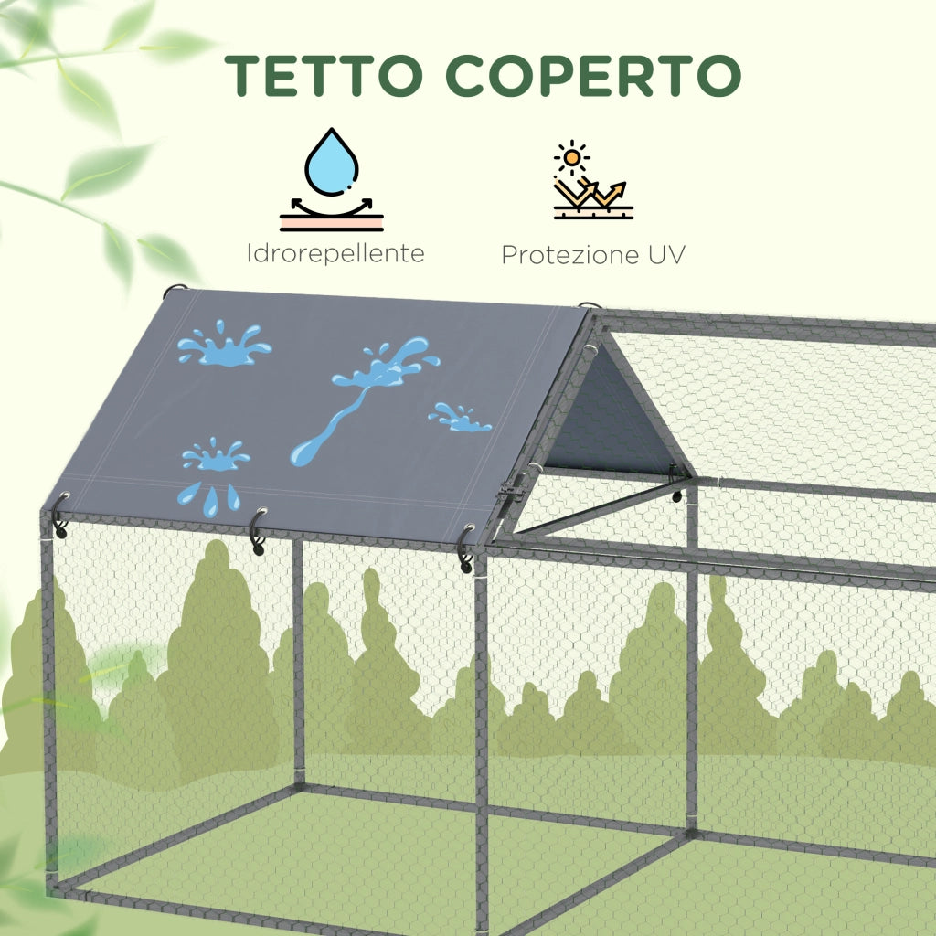 Gabbia per Animali in Acciaio con Tetto in Tessuto Oxford e Picchetti, 198x100x120 cm, Verde e Argento