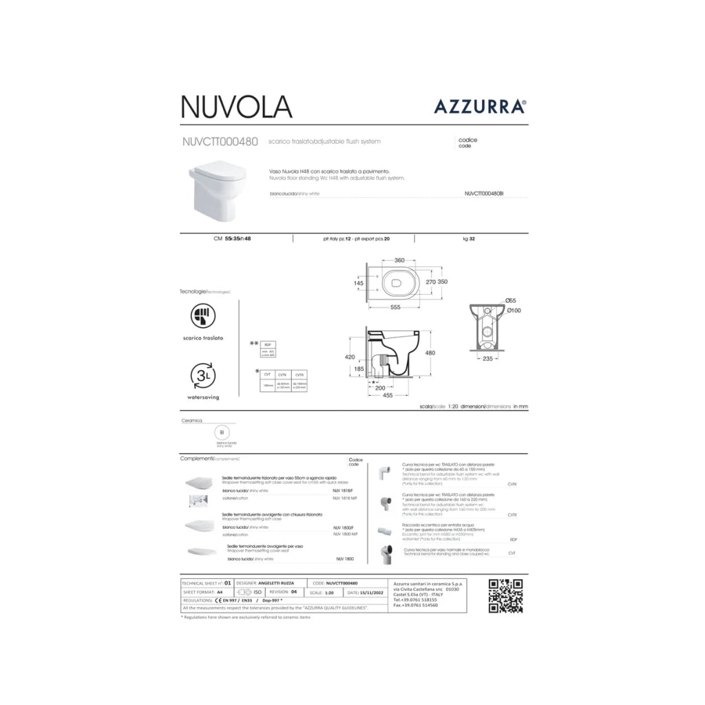 Wc a Terra H 48 Cm Azzurra Ceramica "Nuvola" Bianco Lucido