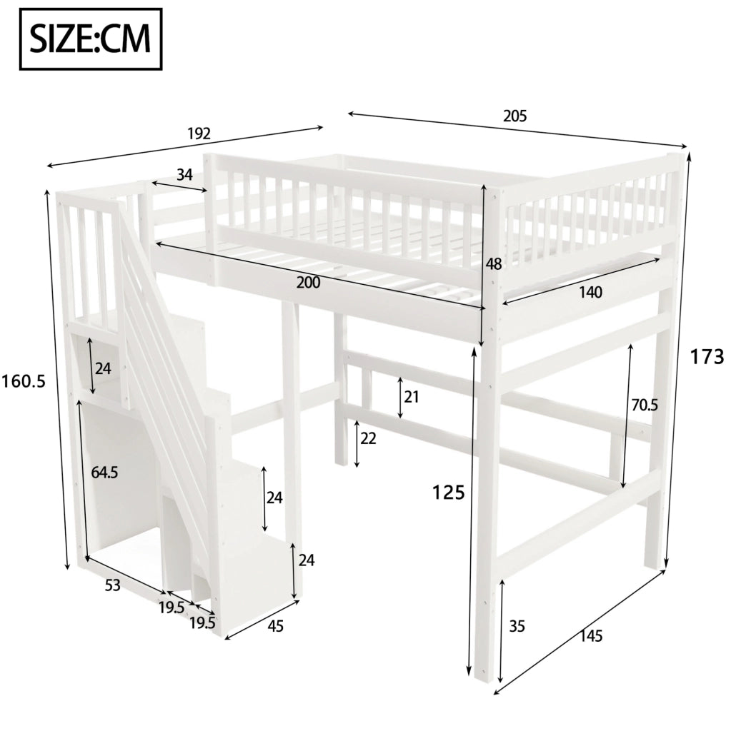 Letto per ragazzi 140x200 cm con scala contenitore bianco