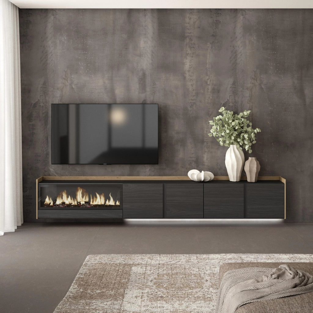 Mobile TV Soggiorno, 315x50x35 cm, Per TV fino a 80", Camino elettrico XXL, Sospeso, da appendere, LED, Nero e rovere